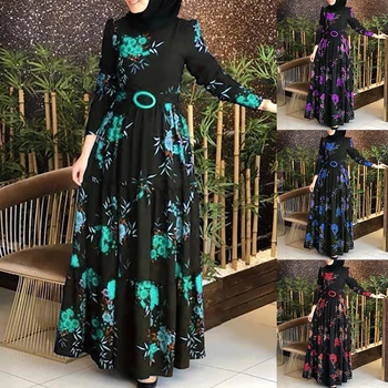 2020 Naiste Pikad Varrukad Moslemi Abaya Kleit Etnilise Õie Printida Vöö Maxi seal kaftan Rüü Naiste Riided женское платье