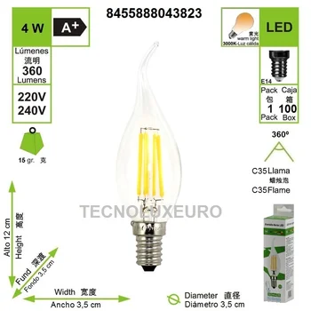 Lámparas Bombillas de Filamento Laama LED C35 E14 4W Iluminación Blanco Cálido 2700K Diametro 35 MM Equivalencia 40W Pack de 4