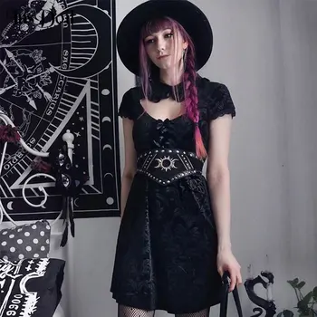 InsDoit Naiste Vintage Gooti Seksikas Õõnes Välja Must Mini Kleit Harajuku Pits Mosaiik Retro Prindi Kleit Streetwear Punk Kleit