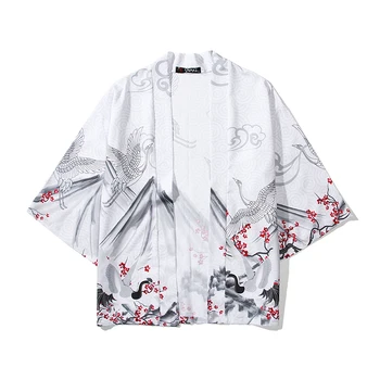 Bebovizi Jaapani Stiilis Kimono Jakk Hiina Harajuku Naised Mehed Yukata Streetwear Valge Kraana Traditsiooniline Rüü Tops Obi