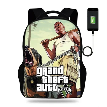 Grand Theft Auto GTA V USB-Laadimine Seljakott Õpilased Kooli Raamat Kotid, Meeste ja Naiste Bookbags Vabaaja Reisi Õla Mochilas
