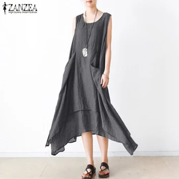 2021 ZANZEA Naiste Varrukateta Sundress Suvel Vintage Ebaregulaarne Kleit O Kaela Tahke Sarafans Pluss Suurus Vabaaja Vestidos Naine
