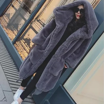 Ülegabariidiliste Talvel Soe kapuutsiga Suured Pikk värviga Faux Fur Coat 2019 Uued Vabaaja Pikad varrukad Naiste Karusnahast Jakk Outwear