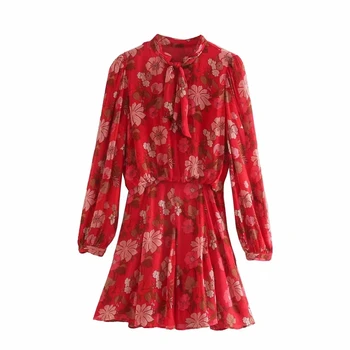 Punase Õie Trükitud Sifonki Mini Kleit Naiste Za 2020 Mood Vibu O-kaeluse Plisseeritud Pikk Varrukas Kleit Naine Vintage Elegantne Kleidid