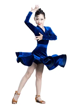Velvet pikkade varrukatega ladina tantsu kleit lastele tüdrukud konkurentsi tantsusaal lapsed salsa, tango dancewear tava kanda cha cha