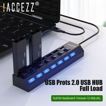 !ACCEZZ USB Hub 2.0 Multi USB-Jaoturi 4/7 Sadamate 2.0-Hab koos LED-Lüliti PC Arvuti Expander Mitu Power Adapter
