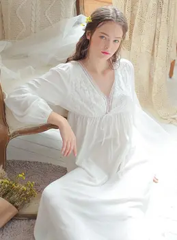 Vintage Seksikas Sleepwear Naiste Puuvillane Keskaja Nightgowns Valge Sügav V Kaela Backless Printsess Öö Kleit Pluss Suurus naistepesu T42