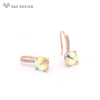 S&Z DISAIN korea Fashion Värviline Ring Crystal Tolknema Kõrvarõngad 585 Roosa Kuld Kuupmeetri Tsirkooniumoksiid Eardrop Naiste Pulm Ehteid
