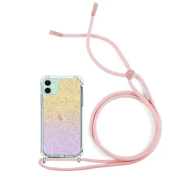 IPhone 11 glitter halvenenud anti-blow juhul + roosa pits-Geel Tpü silikoon tugevdatud nurgad ripuvad string