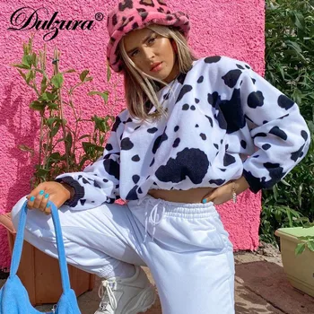 Dulzura Dairy Cow Prindi Naiste Crop Top Dressipluus Pullover O Kaelus Pikk Varrukas Lahti Streetwear Vabaaja 2020. Aasta Sügis-Talvel Korea