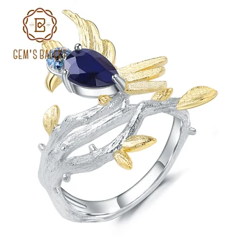 GEM BALLETT 0.65 Ct Looduslik Sinine Safiir Gemstone Ring 925 Sterling Hõbe Käsitöö Lind Branch Ringi Naistele Trahvi Ehteid