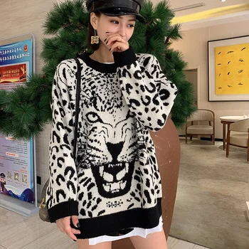 Ümber Kaela Leopard Printida Lahtine Kampsun Naiste Pikkade varrukatega Venitada Silmkoelised Läbilöök Kampsun Pullover Naiste Kevad-Sügis 2020