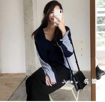 LANMREM korea uus elegantne triibuline särk lahti õmblemine ees lühike tagasi pika v-kaelus kootud kampsun, sviiter suured naised