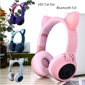 Kass Kõrva traadita Bluetooth-Kõrvaklapid HIFI Stereo Bass roosa kõrvaklapid Toetada TF Kaarti LED Müra Tühistamises sport gamer headset