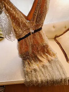 Naiste Leaf Sequin Kleit Jõulud 2020 Kõrge, Kvaliteet Topelt V-kaeluse Lühikese Varrukaga Tuunika Pani Võrgusilma Pikk Luksus Pool Kleit Naine