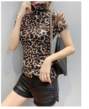 Euroopa Riided Mood Seksikas kõrge kaelusega Leopard Print T-särk Naiste 2020 Uued Suvised Topid Ropa Mujer Läbilöök Särk Tees T01010