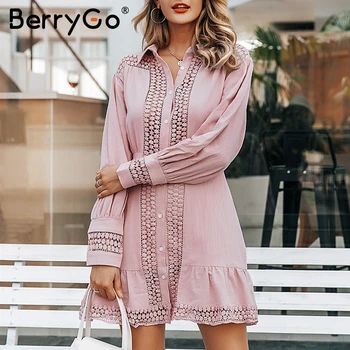 BerryGo Elegantne naiste puuvillane pits kleit Pikk varrukas seest õõnes välja ruffle sügisel lühikesed kleidid Nupud office daamid talv vestidos