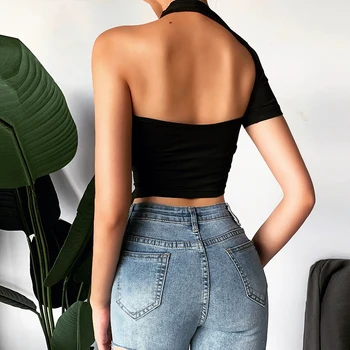 OMSJ 2020. aasta Uus Naiste Slim Vabaaja Streetwear T-särgid Seksikas Ühe Õla Saagi Tops Must Elastne Suvel Õõnes Läbi Lühikese T-särgid