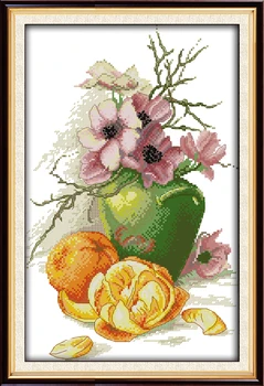 Hibiscus vaas ja apelsinid ristpistes kit aida 14ct 11ct loota trükitud lõuendile õmblused, tikandid DIY käsitöö näputöö