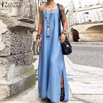 Naiste Suvine Sundress ZANZEA 2021 Stiilne Spagetid Rihm Kleit Põhjuslik Split Deniem Sinine Vestidos Naine Tahke Kleit Pluss Suurus