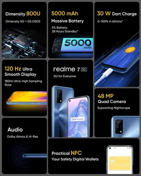 Realme 7 5G Globaalne Versioon 6GB+128GB Fullscreen 120Hz Kuvar 5000mAh 30W Viskamise Eest 48MP Kaamera Nutitelefoni