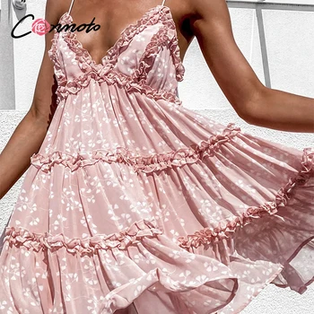 Conmoto Boho suvel Õie printida ruffle Spagetid-line kleit seksikas Ruffle v-kaeluse mini kleit puhkus Beachwear kleidid vestidos