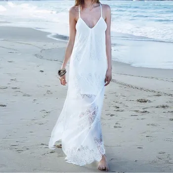 UHYTGF Naiste Suvel kleidid moe Beach rihm seksikas kleit Pits õõnes Böömi kleidid maha õla elegantne pikad kleidid 1394