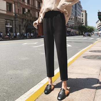 Sügis-Talv Korea Fashion Villaseid Naiste Püksid kogu-sobitatud Vabaaja Elastne Vöökoht Haaremi Püksid Naiste Mustad Püksid Suurus S417