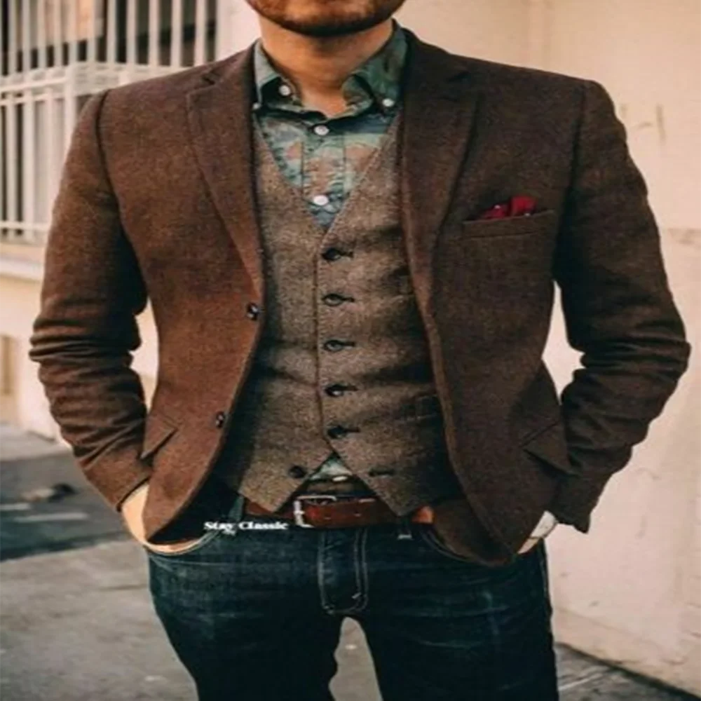 2020 Pruun Meeste Ülikonnad Sügisel Täkiline Rinnamikrofon Bleiser Kostüüm Homme Tweed Ametliku Ülikond Custom Made Jope 2-Osaline Komplekt( Mantel+Vest)