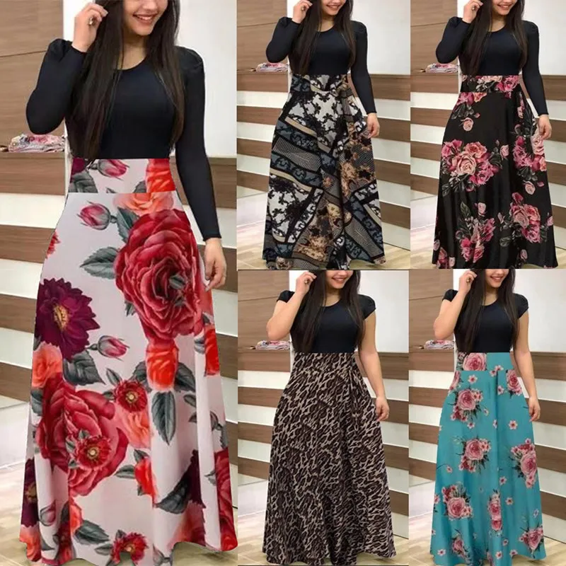 2020. aasta Suvel, Kevadel Vabaaja Naiste Maxi Kleit Flower Print Õmblemine Elegantne Pikk Pool, Vintage Kleit Naiste Pluss Suurus Sundress