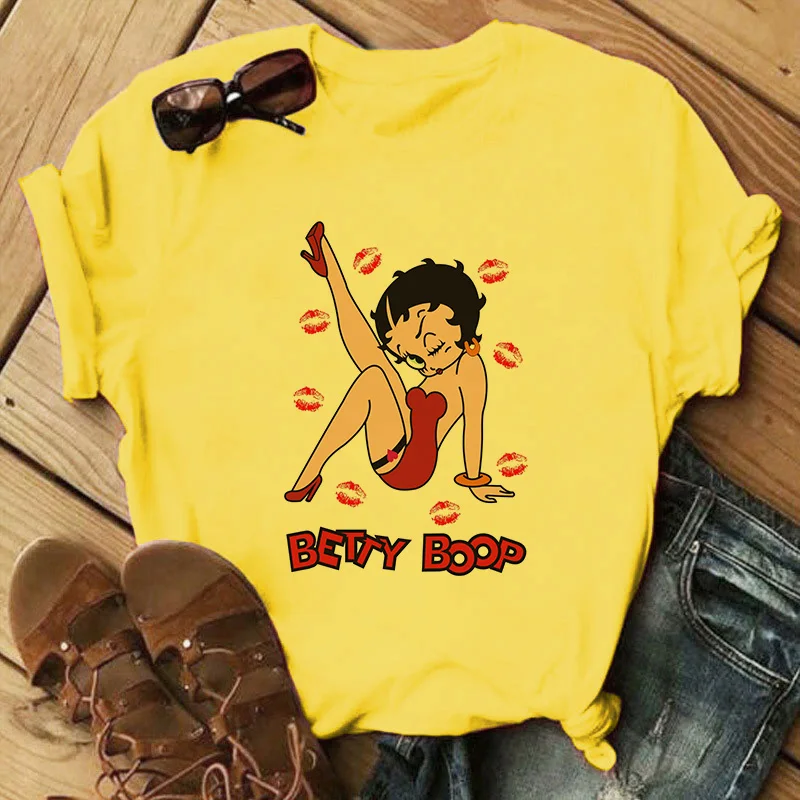 2020. aasta Suvel Moes Naiste T-särk Harajuku Armas Betty BOOP Trükitud Tshirt Vintage Esteetiline Riided Kollane Vabaaja O-kaeluse Tops