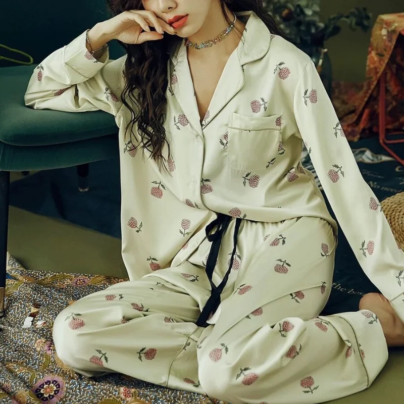 2020. aasta Sügisel Naiste Pidžaama Komplekti Hydrangea Prindi Luksus Pidžaamad Naine Ice Siid Kaks Tükki Särgid + Püksid, Öösärgid Sleepwear Uus