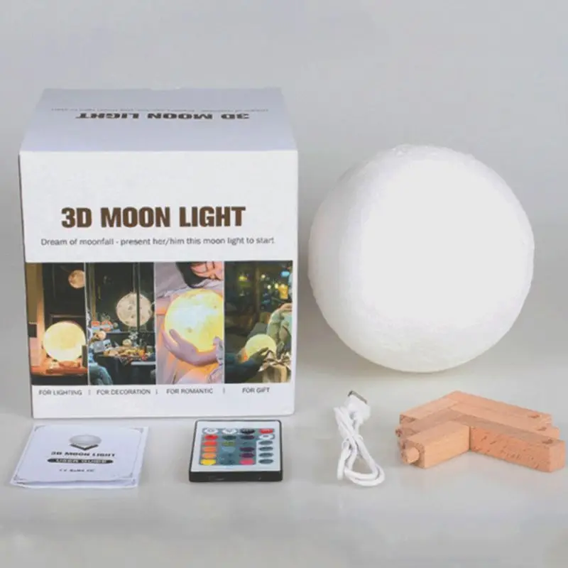 3D Print Kuu Lamp 16 Värvi Loominguline Touch Lüliti Laetav LED Night Light with Puit Seista Home Decor Magamistoaga Dekoratsioon Bir