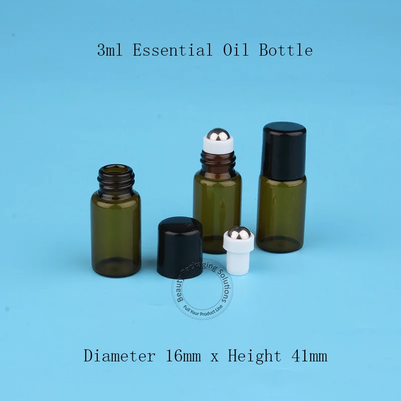 50tk/Palju Edendamine Tühi 3ml Klaas eeterlikku Õli Pudel Väike Naiste Kosmeetika Jar Amber Rulli Sisse Konteiner Pakendite Must Kork