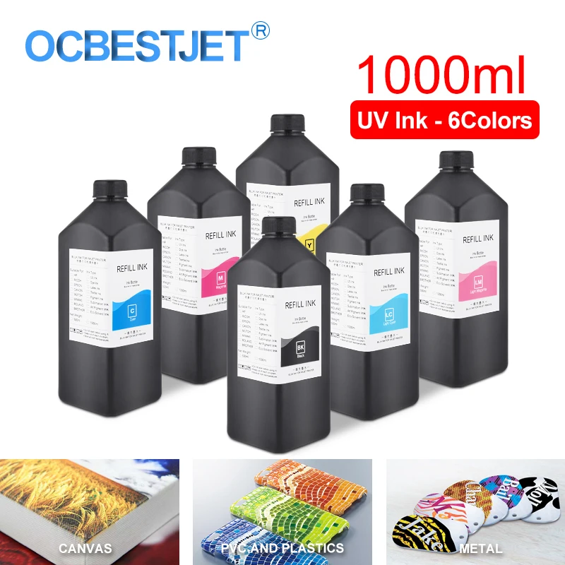 6Color/Set 1000ML LED UV Tint DX4 DX5 DX6 DX7 Printhead Epson 1390 R1800 R1900 4880 7880 9880 UV Printer (BK C, M, Y, LC LM)
