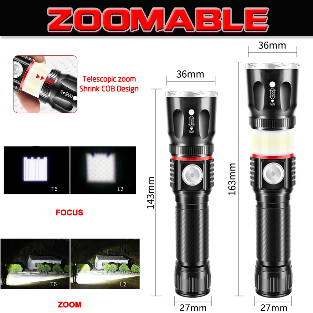 8000LM Multifunktsionaalne LED Taskulamp L2 T6 USB Laetav aku Võimas COB Zoom taskulamp linterna saba magnet Kerge Töö