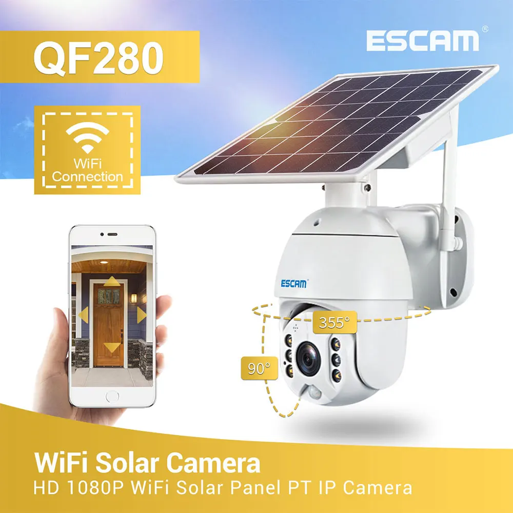 ESCAM QF280 1080P Cloud Storage PT WIFI Aku PIR Alarm IP-Kaamera, päikesepaneel Öise Nägemise kahesuunaline Veekindel IP66