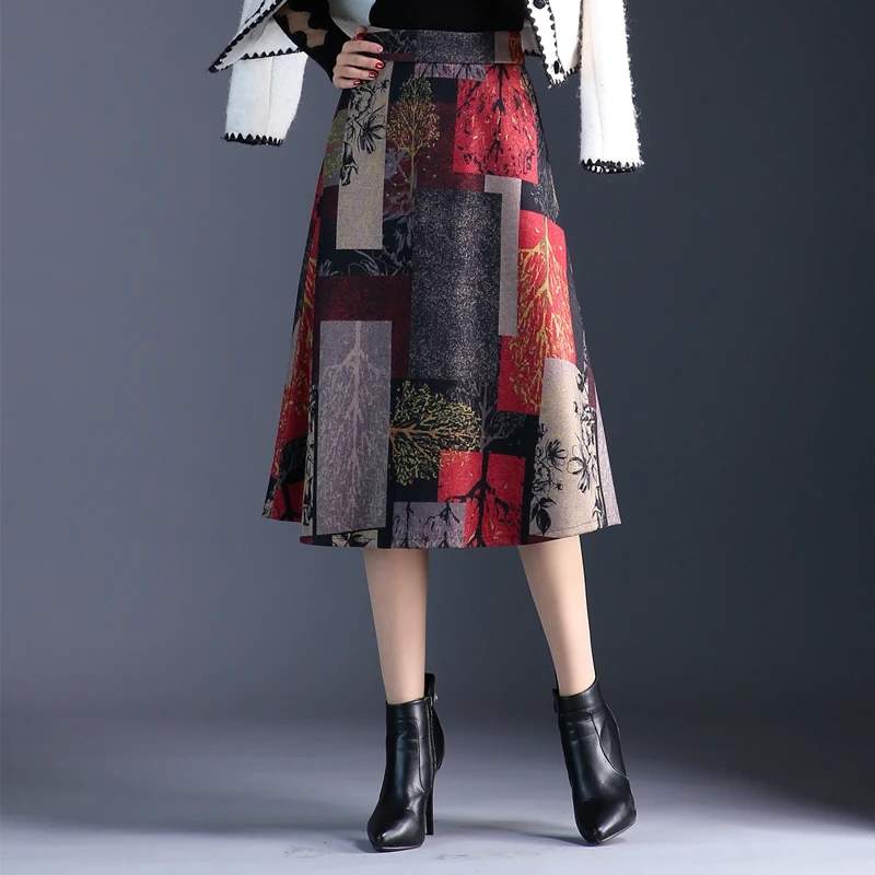Fashion Street Wear Midi Seelik Naistele Esteetiline Villane Sügis-Talvine Naiste Seelikud Kõrge Vöökoht Print-line Seelik Pluss Suurus