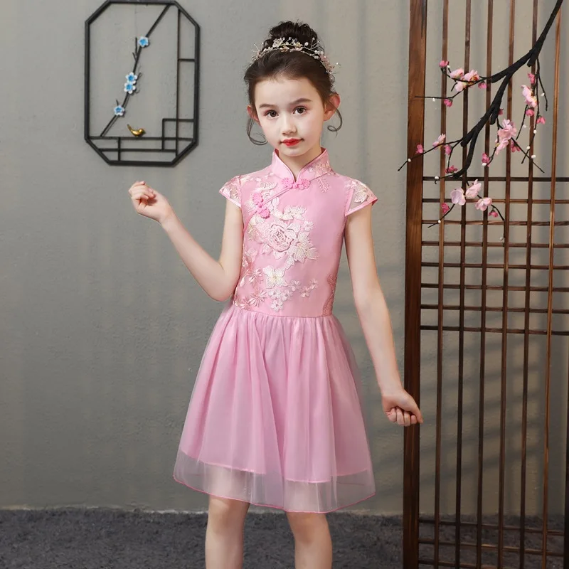 Hiina Stiilis Cheongsam Vanuses 3 - 12 Aastat Beebi Tüdrukud Qipao Pitsist Vintage Tikandid Lilled Kleit 2021 Uus Suvi Lapsed Frocks