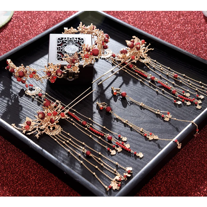 Hiina uus punane coronet stiilis hairbands juuksed pulgad komplekti Pruudi juuksed tööd brides tiara Pulm