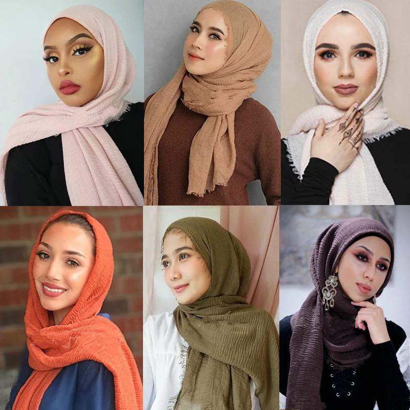 Hulgi-Naised Moslemi Crinkle Hijab Sall Femme Musulman Pehme Puuvillane Headscarf Islami Värviga Hijab Suurrätikud ja Wrapid