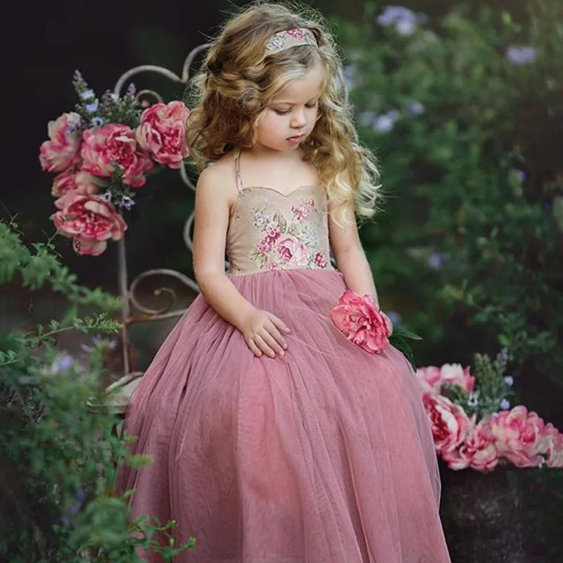 Ins Uus Laste Euroopa Kleit Roosa Bud Siidlõng Pikk Seelik Flower Print Rihm Printsess Kleit Tüdruku Kostüüm Pulm Kleit