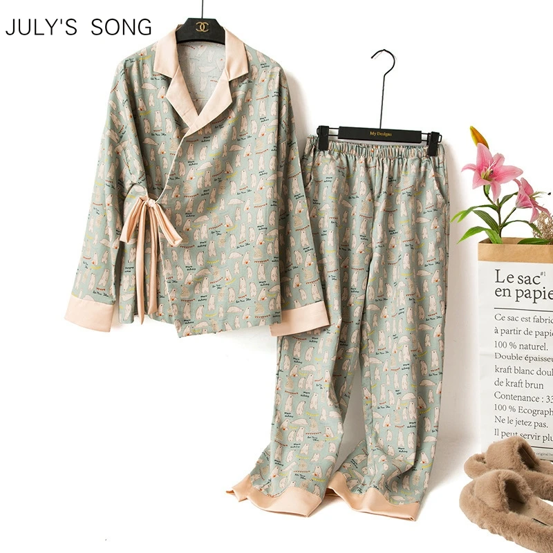 JUULI LAULU Armas Karu Pidžaama Komplekt 2 Tükki Naiste Cartoon Kimono Trükkimine Kevad Sügis Püksid Sleepwear Pidžaama Homewear