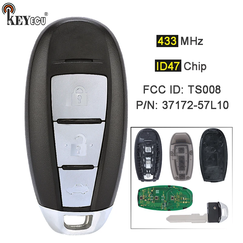 KEYECU 433MHz ID47 Kiip FCC ID: TS008 P/N: 37172-57L10 OEM 3 Button Remote Key Tühi Fob jaoks Suzuki Swift Kizashi 2010-2016