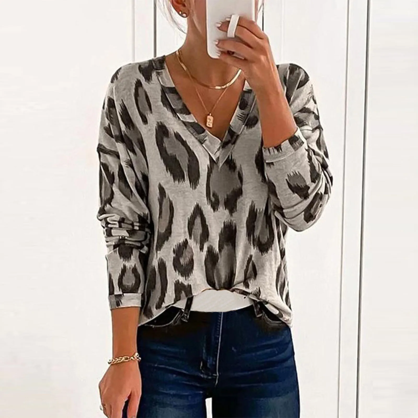 Klassikaline T-Särk Naiste Leopardi Harajuku V-kaeluse jaoks Mood T-särk Leisurec Naiste Riided Trendikas Tshirt 2020. Aasta Sügisel Top Tees Naine