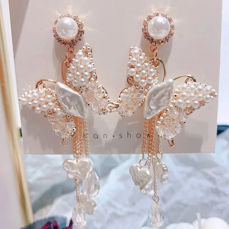 Korea Elegantne Butterfly Pearl Tutt Kõrvarõngad Naistele Pulmapidu Tilk Pikad Kõrvarõngad Vintage Ehted Bijoux