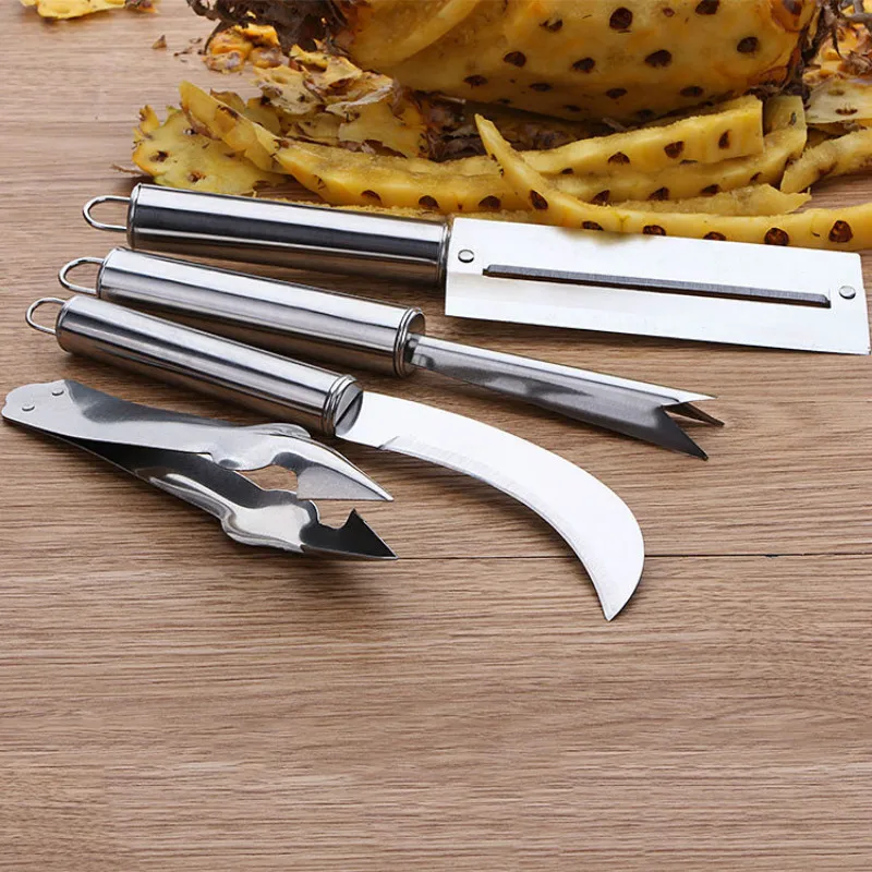Köök Vidinaid Puu-Tools roostevabast terasest ananassi Sugarcane peeler need koorimine nuga Kahvel komplekti 4pc/set