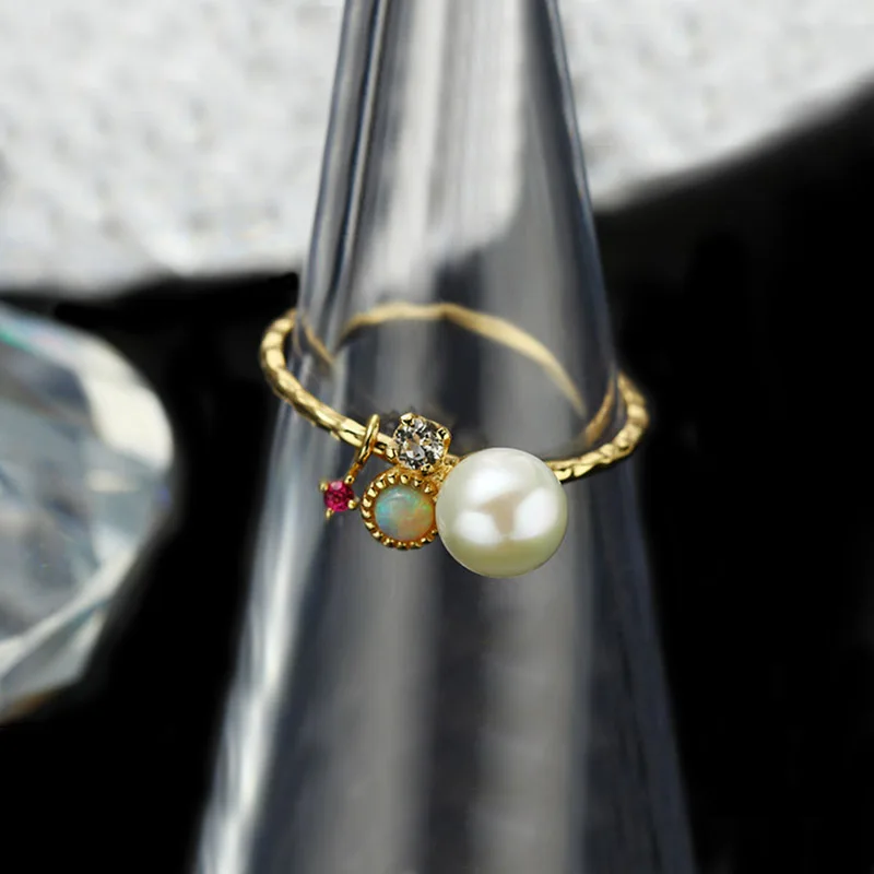 LAMOON 925 Sterling Silver Ring Naiste Magevee Pärl Retro Stiilis Opaal Ruby Gemstone 14k kullatud Fine Ehted LMRI135