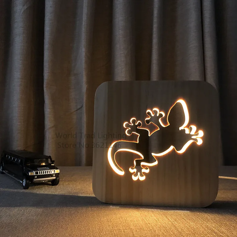 LED Dekoratiivne Gecko Kõndida sisalik Kuju Puidust Hele Lamp USB Tegutsenud Meeleolu Lamp 3D Luminaria Beebi Öösel Lamp Sünnipäeva Kingitus Magamistuba