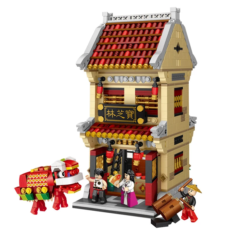 LOZ Linna Ancient Street Chinatown Teahouse Kõrts Apteek Hotell 3D Mudel DIY Mini Plokid Tellistest Hoone Mänguasi Lastele nr Box
